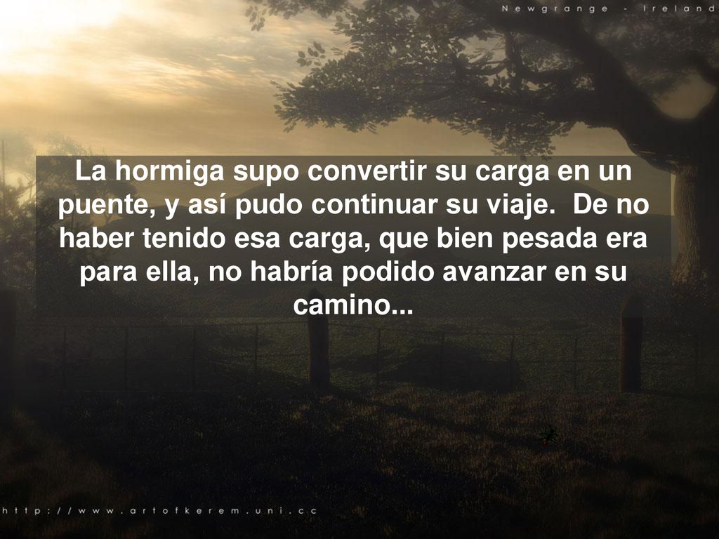 La hormiga supo convertir su carga en un puente, y así pudo continuar su viaje. De no haber tenido esa carga, que bien pesada era para ella, no habría podido avanzar en su camino...