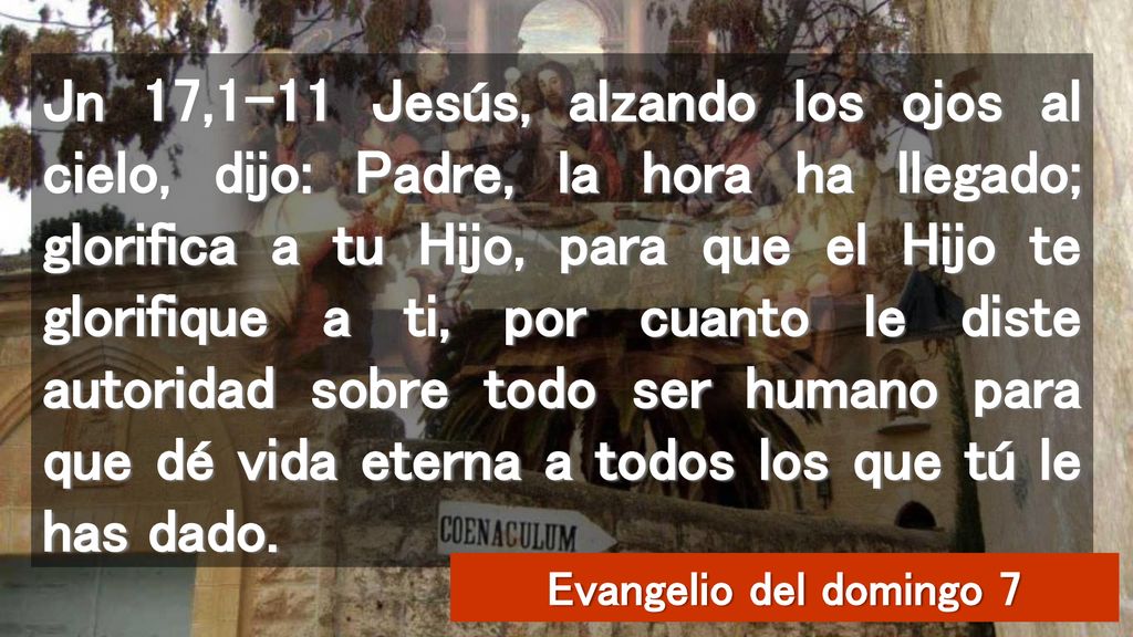 Jn 17,1-11 Jesús, alzando los ojos al cielo, dijo: Padre, la hora ha llegado; glorifica a tu Hijo, para que el Hijo te glorifique a ti, por cuanto le diste autoridad sobre todo ser humano para que dé vida eterna a todos los que tú le has dado.