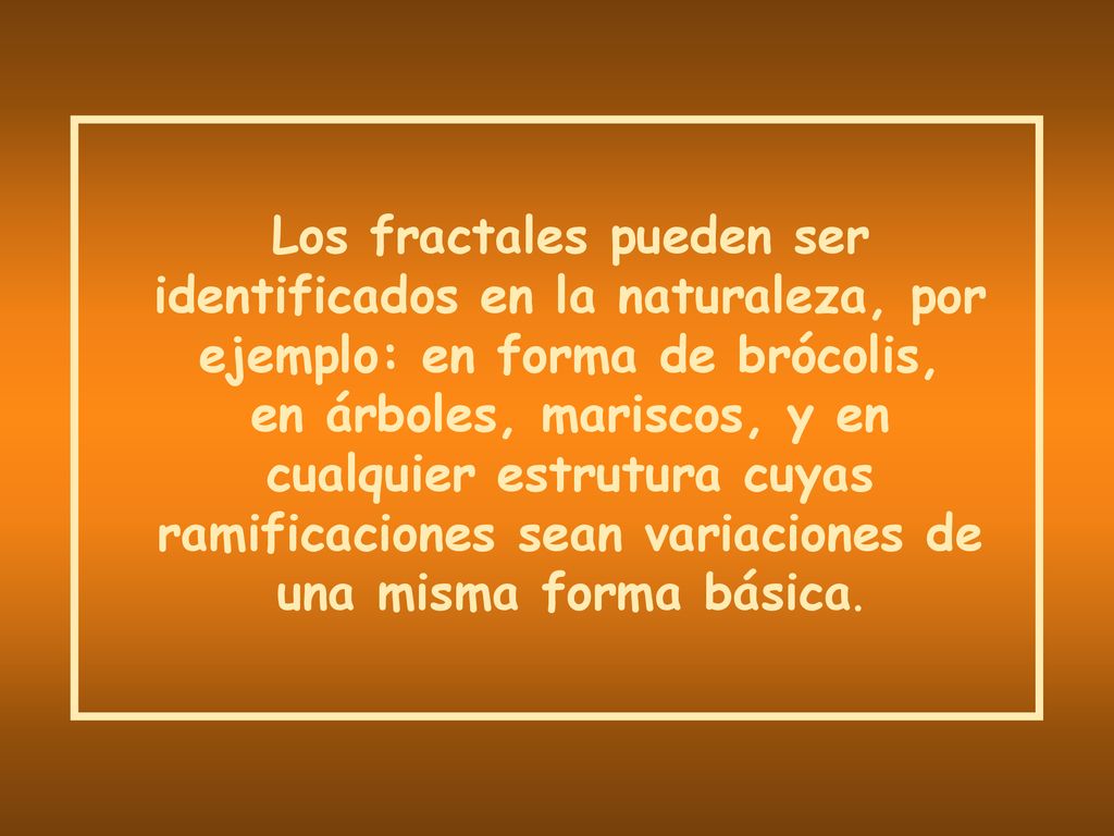 Los fractales pueden ser identificados en la naturaleza, por ejemplo: en forma de brócolis, en árboles, mariscos, y en cualquier estrutura cuyas ramificaciones sean variaciones de una misma forma básica.