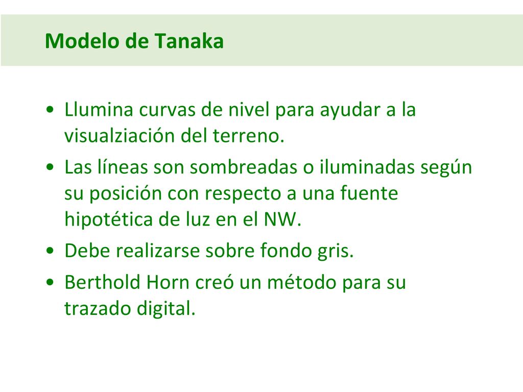 Modelo de Tanaka Llumina curvas de nivel para ayudar a la visualziación del terreno.