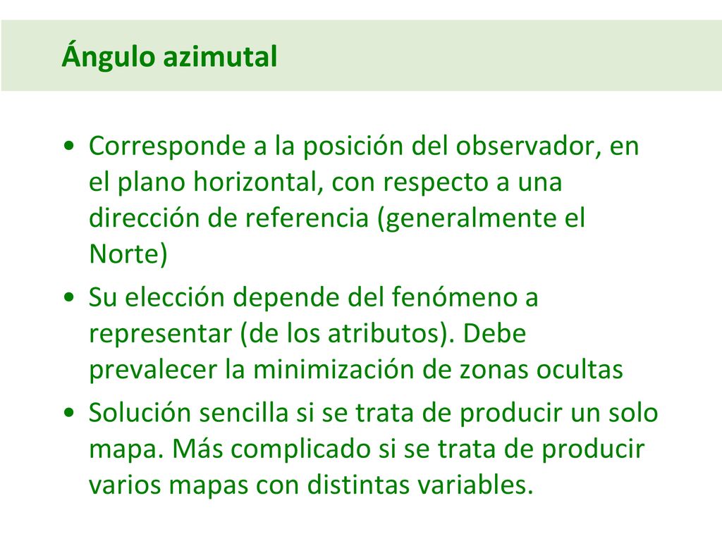 Ángulo azimutal Corresponde a la posición del observador, en el plano horizontal, con respecto a una dirección de referencia (generalmente el Norte)