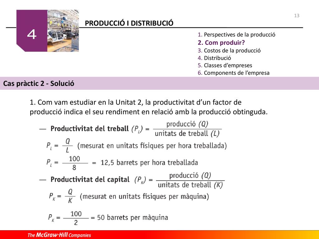 13 Perspectives de la producció. Com produir Costos de la producció. Distribució. Classes d’empreses.