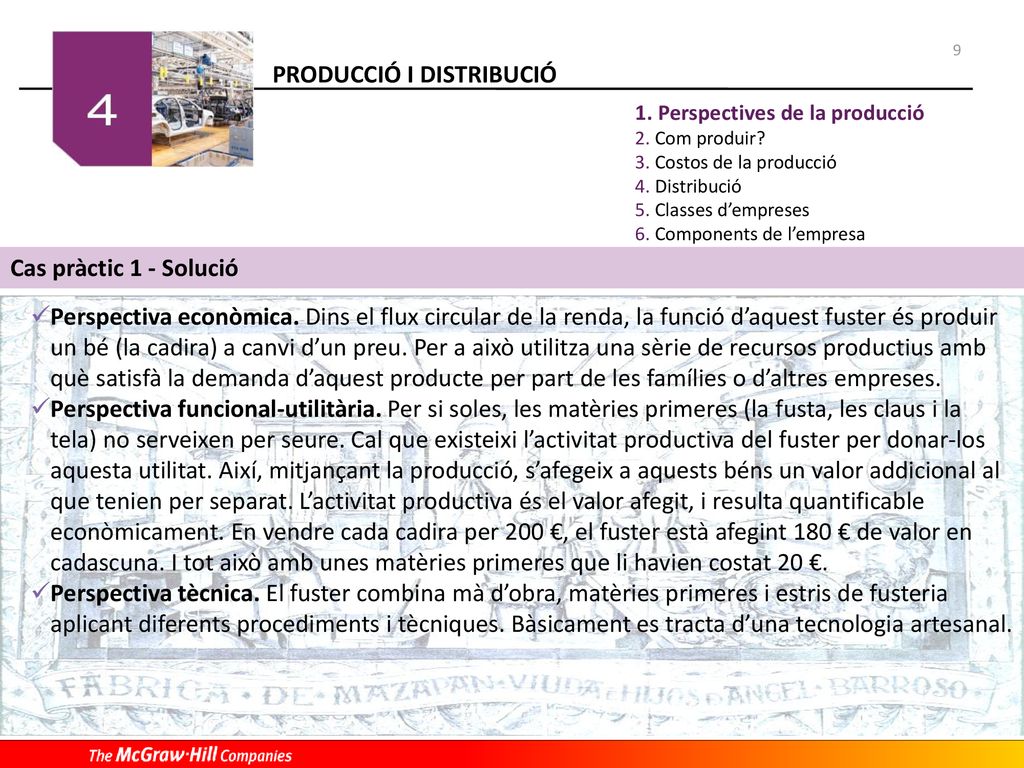 9 Perspectives de la producció. Com produir Costos de la producció. Distribució. Classes d’empreses.