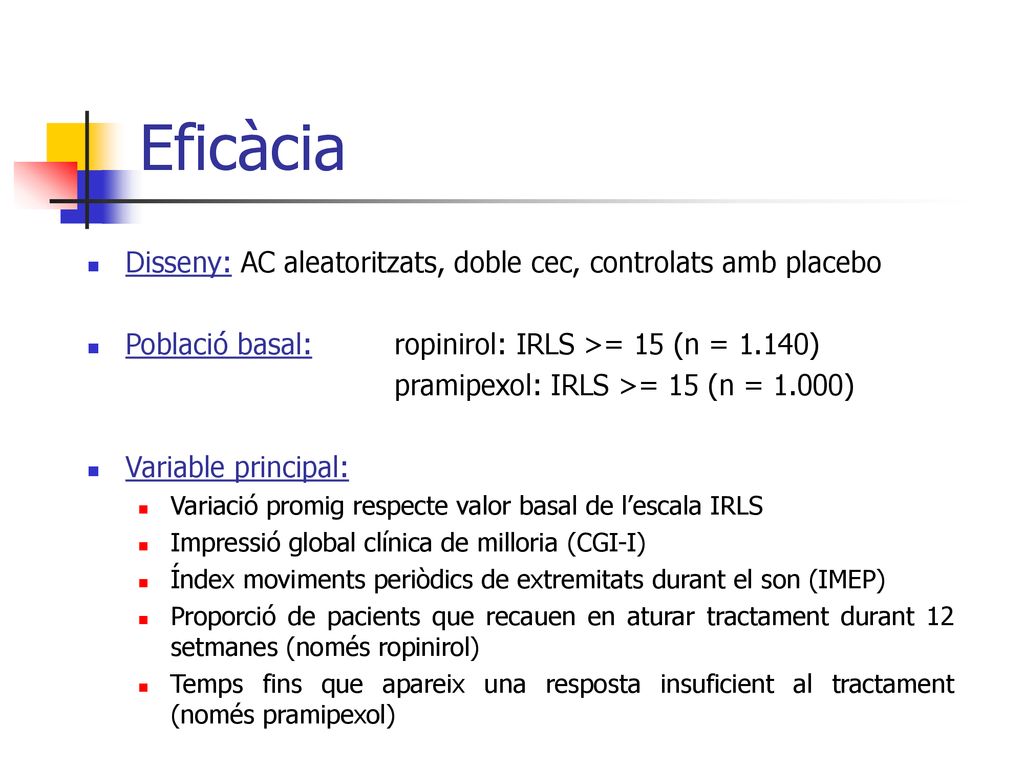 Eficàcia Disseny: AC aleatoritzats, doble cec, controlats amb placebo