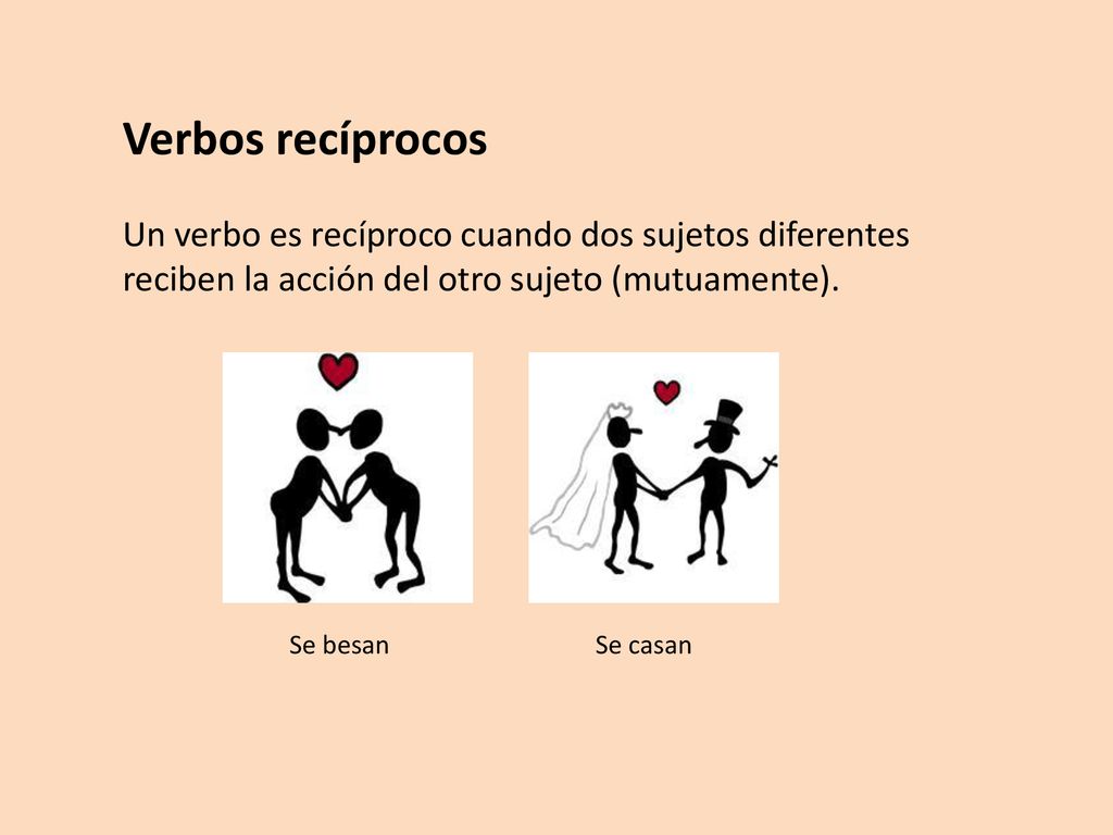 Verbos recíprocos Un verbo es recíproco cuando dos sujetos diferentes reciben la acción del otro sujeto (mutuamente).
