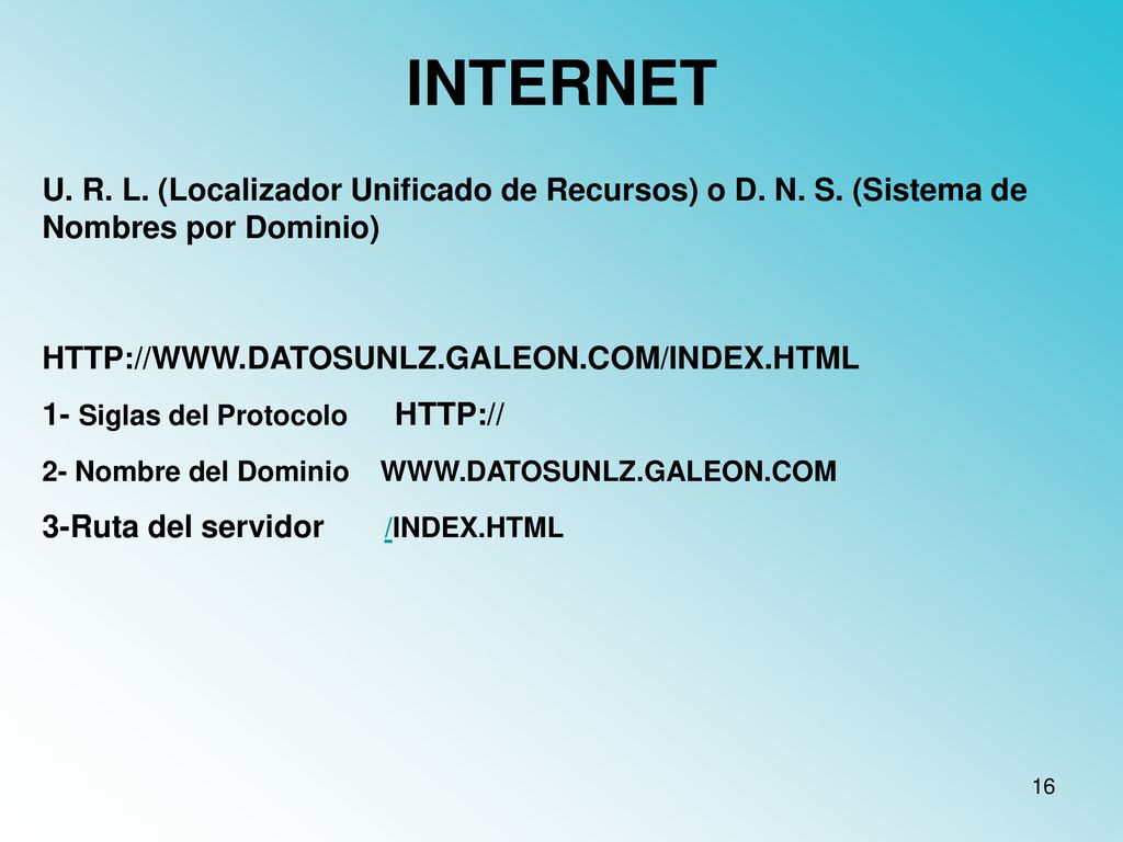 INTERNET U. R. L. (Localizador Unificado de Recursos) o D. N. S. (Sistema de Nombres por Dominio)