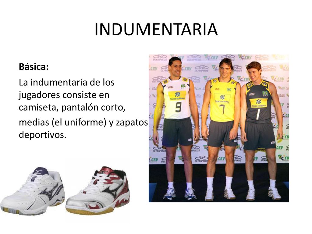 INDUMENTARIA Básica: La indumentaria de los jugadores consiste en camiseta, pantalón corto, medias (el uniforme) y zapatos deportivos.