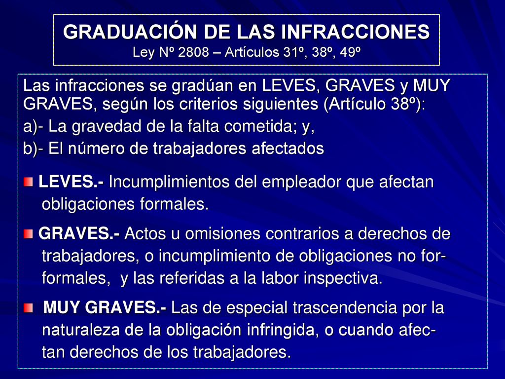 GRADUACIÓN DE LAS INFRACCIONES Ley Nº 2808 – Artículos 31º, 38º, 49º