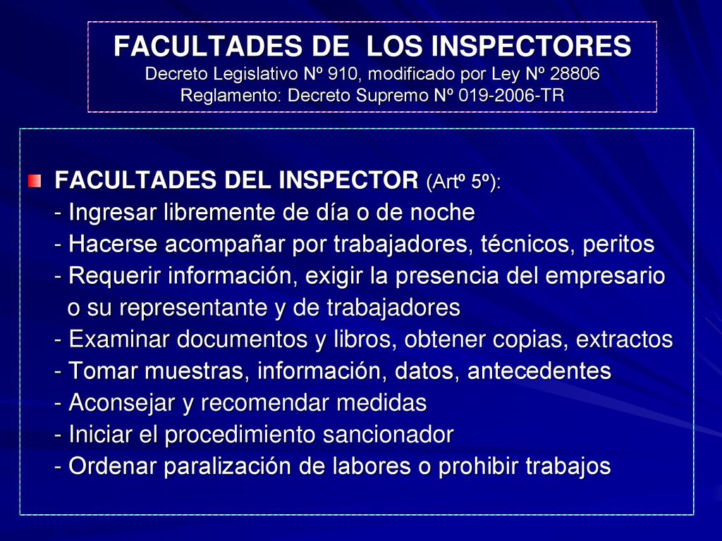 FACULTADES DE LOS INSPECTORES Decreto Legislativo Nº 910, modificado por Ley Nº Reglamento: Decreto Supremo Nº TR