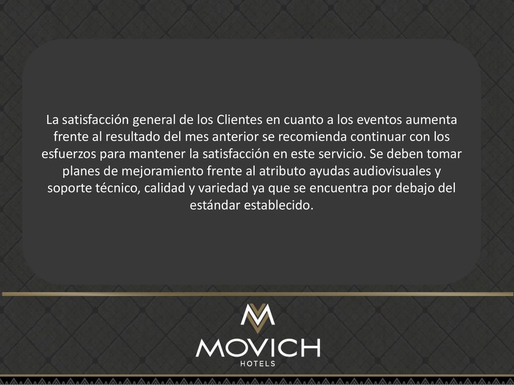 La satisfacción general de los Clientes en cuanto a los eventos aumenta frente al resultado del mes anterior se recomienda continuar con los esfuerzos para mantener la satisfacción en este servicio.