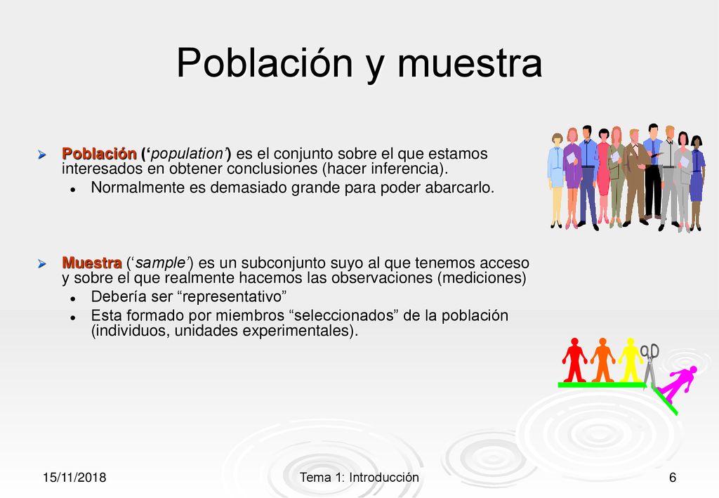 Población y muestra Población (‘population’) es el conjunto sobre el que estamos interesados en obtener conclusiones (hacer inferencia).