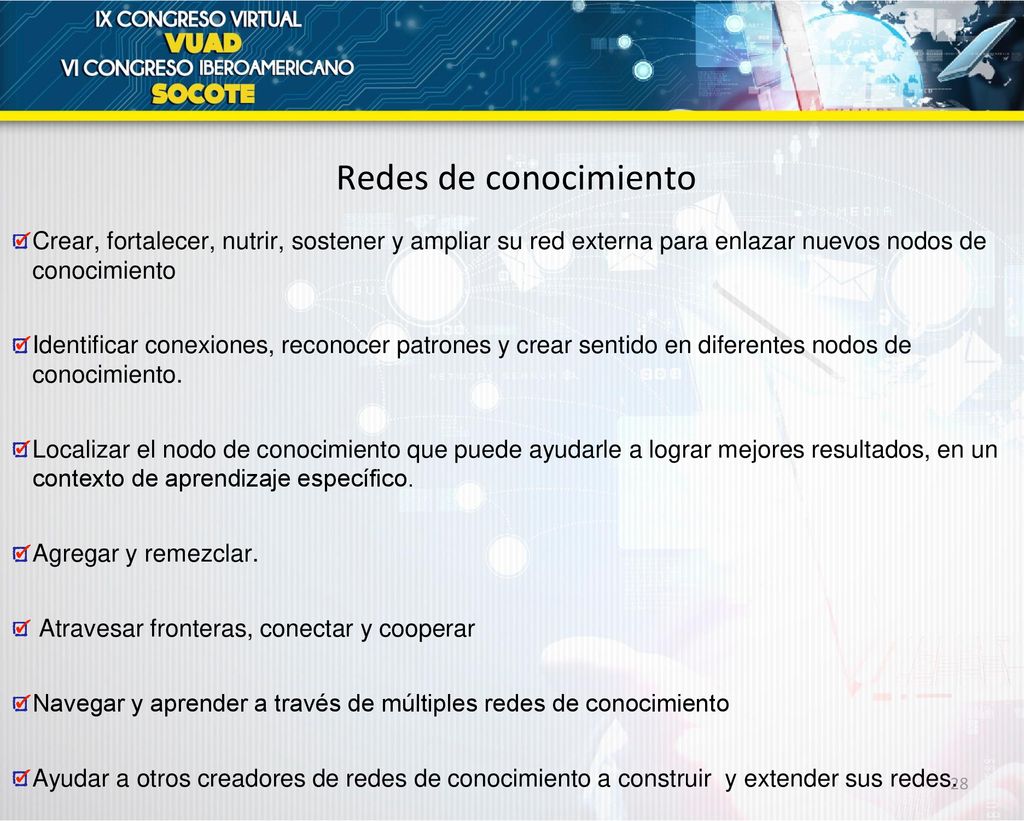 Redes de conocimiento Crear, fortalecer, nutrir, sostener y ampliar su red externa para enlazar nuevos nodos de conocimiento.