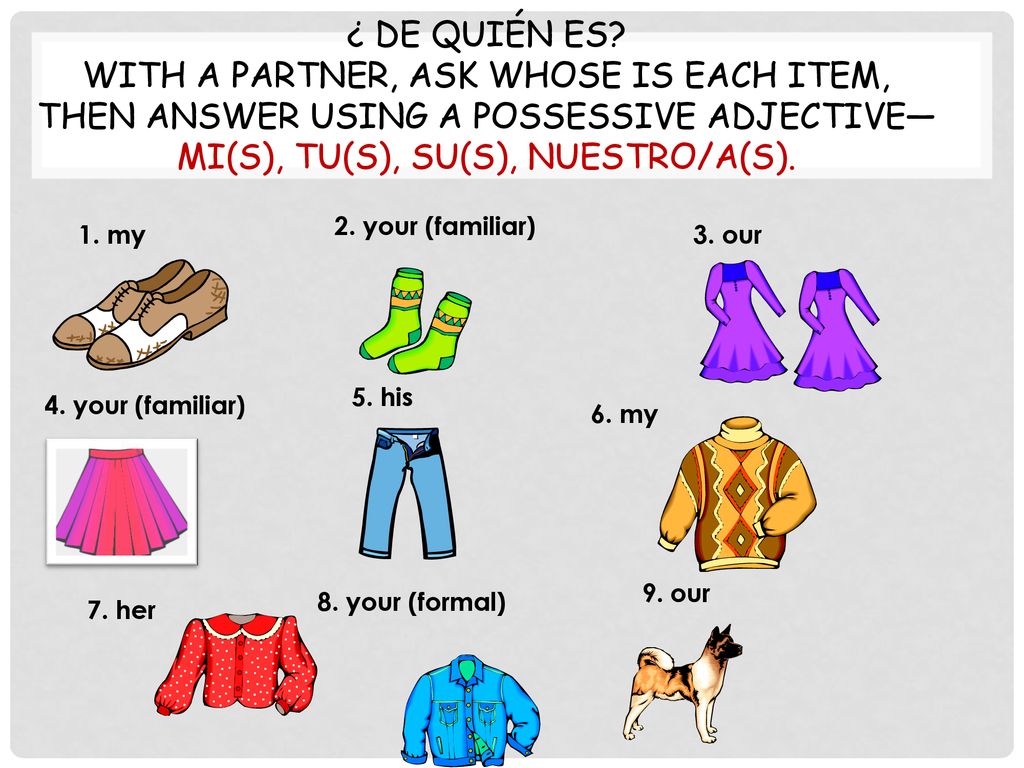 ¿ DE QUIÉN ES With a partner, ask whose is each item, then answer using a possessive adjective— mi(s), tu(s), su(s), nuestro/a(s).