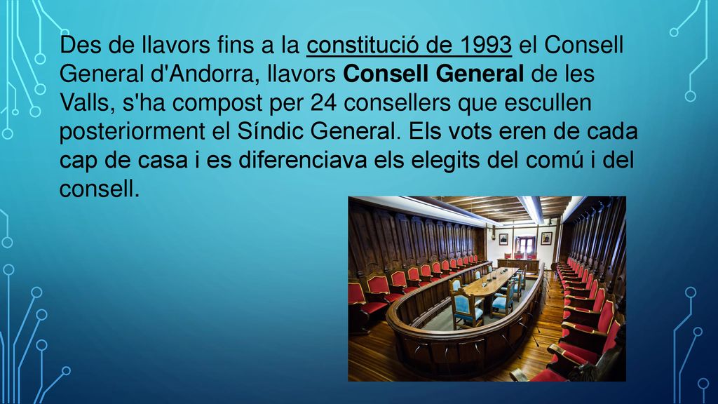 Des de llavors fins a la constitució de 1993 el Consell General d Andorra, llavors Consell General de les Valls, s ha compost per 24 consellers que escullen posteriorment el Síndic General.