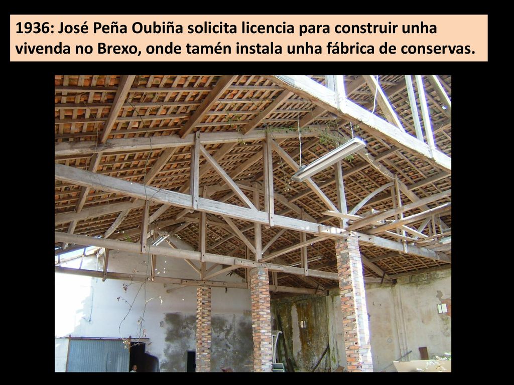 1936: José Peña Oubiña solicita licencia para construir unha vivenda no Brexo, onde tamén instala unha fábrica de conservas.