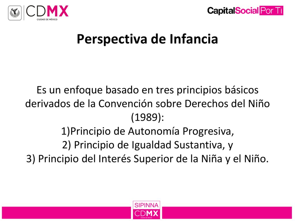 Perspectiva de Infancia Es un enfoque basado en tres principios básicos derivados de la Convención sobre Derechos del Niño (1989): 1)Principio de Autonomía Progresiva, 2) Principio de Igualdad Sustantiva, y 3) Principio del Interés Superior de la Niña y el Niño.
