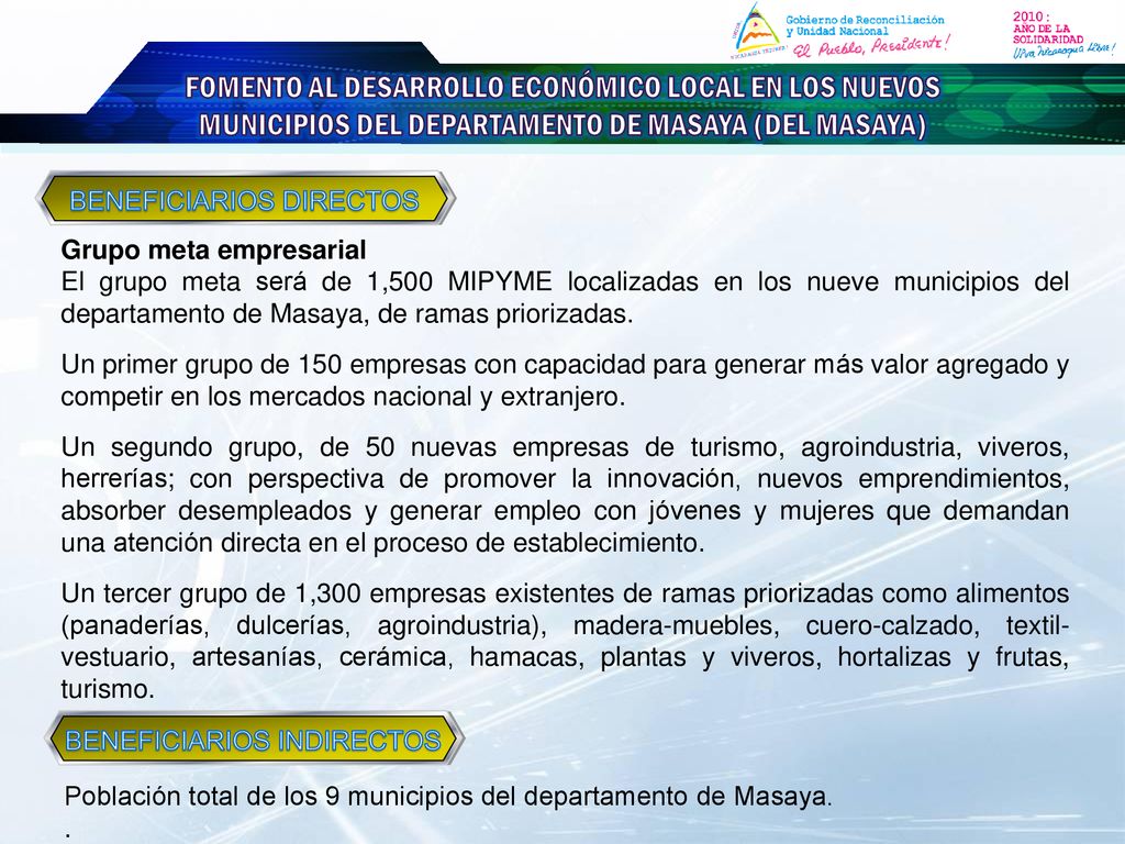 FOMENTO AL DESARROLLO ECONÓMICO LOCAL EN LOS NUEVOS MUNICIPIOS DEL DEPARTAMENTO DE MASAYA (DEL MASAYA)