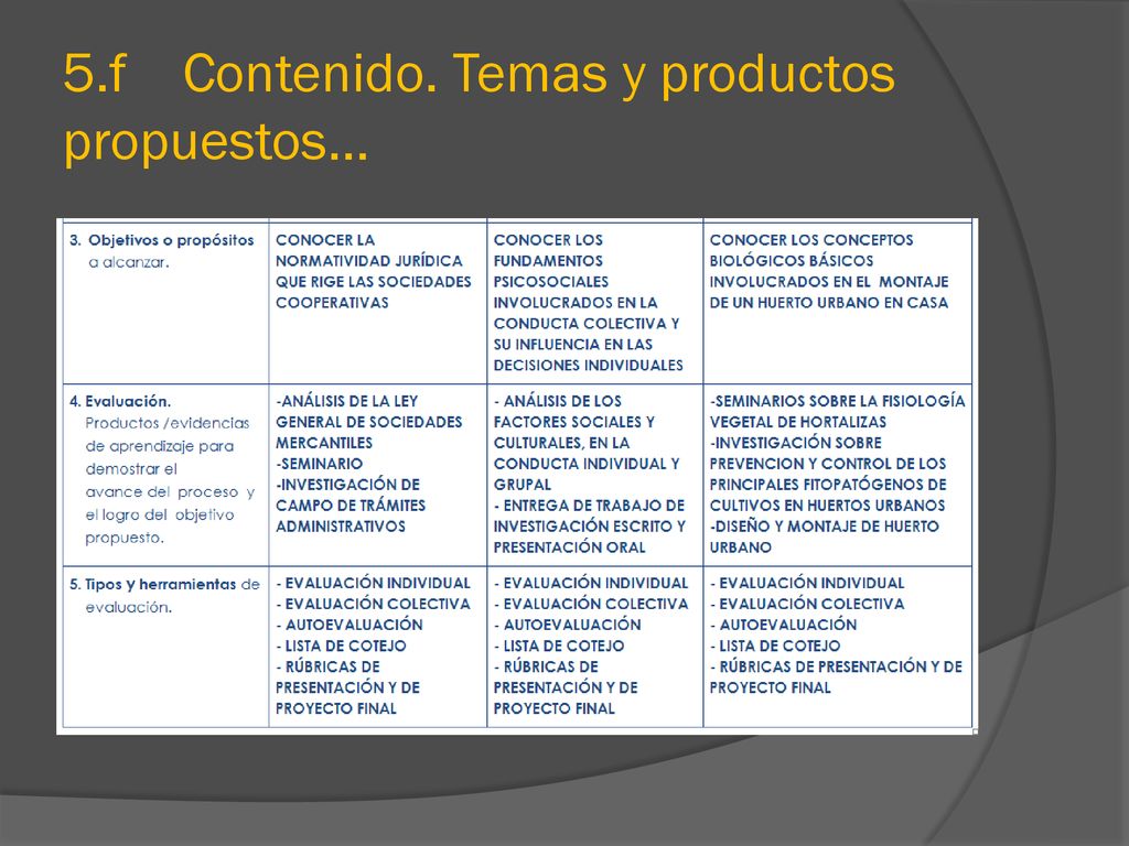 5.f Contenido. Temas y productos propuestos…