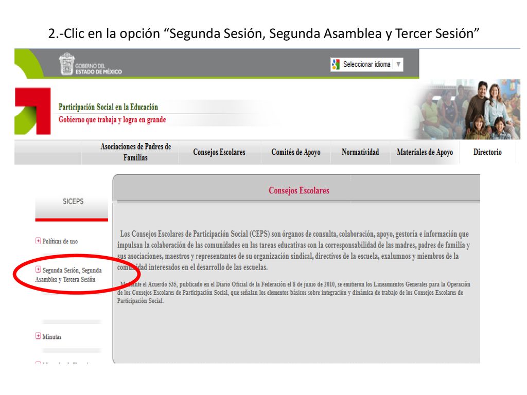 2.-Clic en la opción Segunda Sesión, Segunda Asamblea y Tercer Sesión