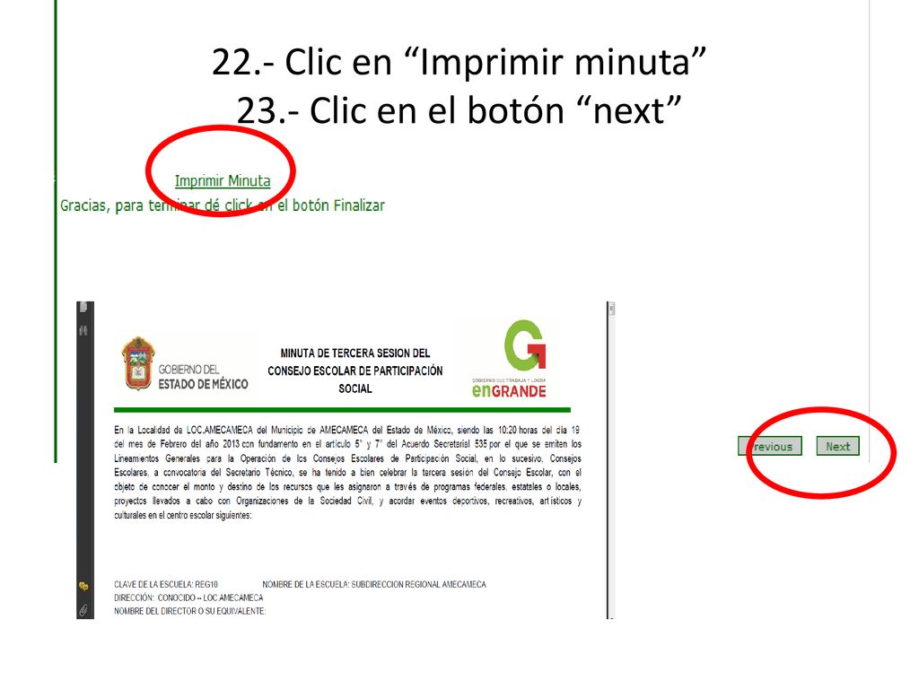 22.- Clic en Imprimir minuta 23.- Clic en el botón next