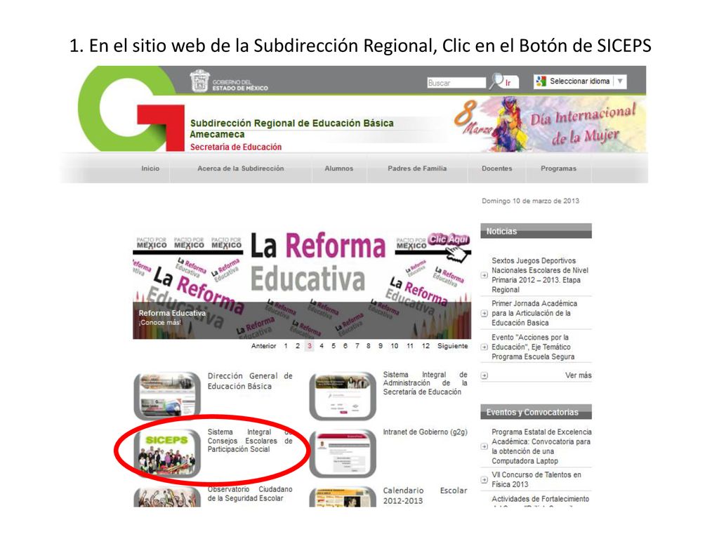 1. En el sitio web de la Subdirección Regional, Clic en el Botón de SICEPS
