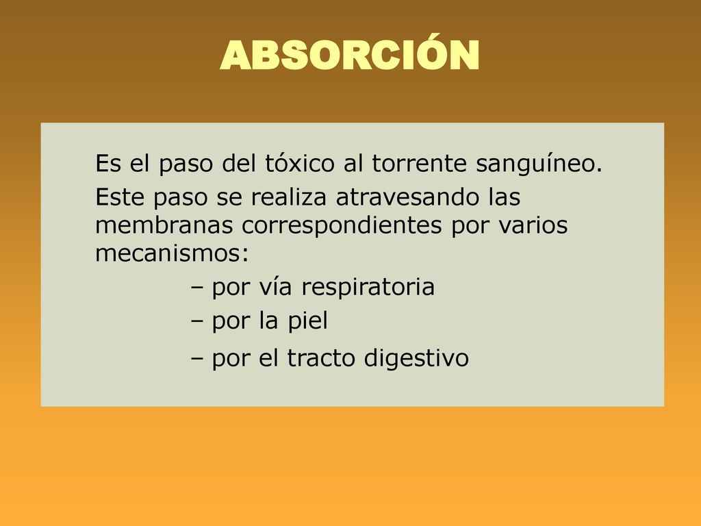 ABSORCIÓN Es el paso del tóxico al torrente sanguíneo.