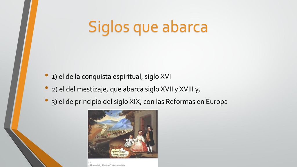 Siglos que abarca 1) el de la conquista espiritual, siglo XVI