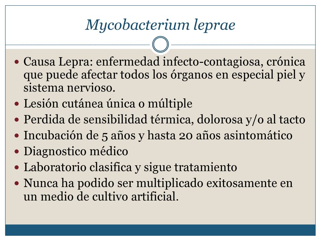 Mycobacterium leprae Causa Lepra: enfermedad infecto-contagiosa, crónica que puede afectar todos los órganos en especial piel y sistema nervioso.
