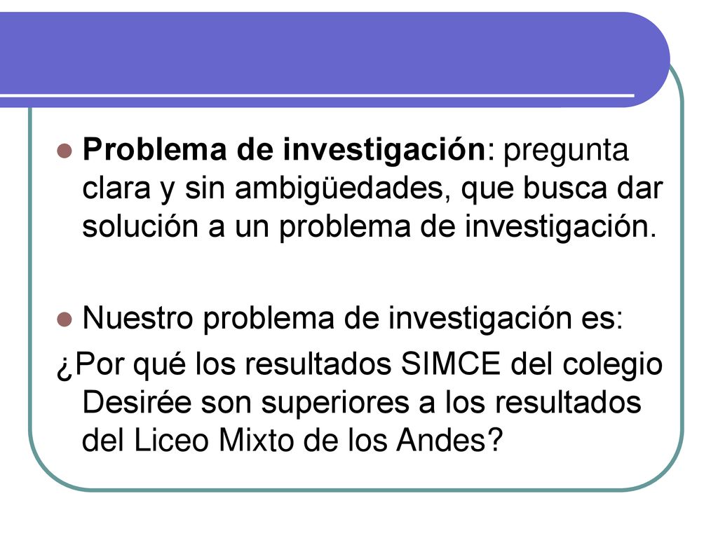 Problema de investigación: pregunta clara y sin ambigüedades, que busca dar solución a un problema de investigación.