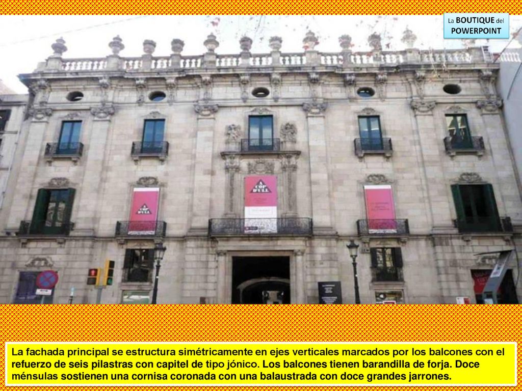 La fachada principal se estructura simétricamente en ejes verticales marcados por los balcones con el refuerzo de seis pilastras con capitel de tipo jónico.