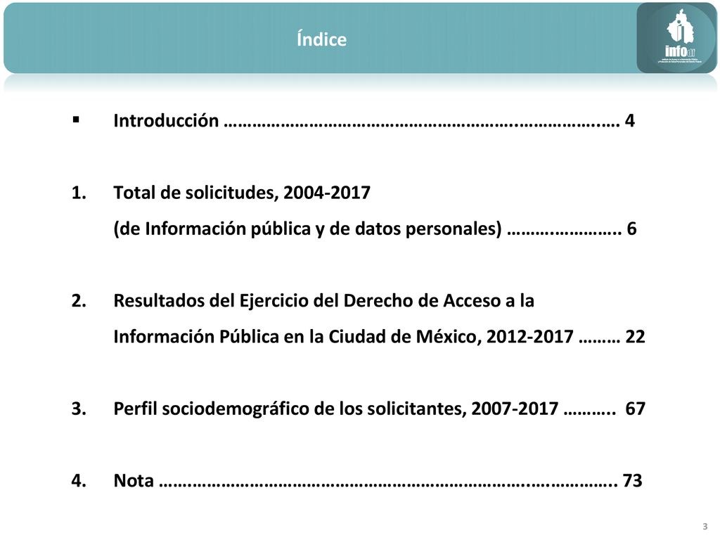 Índice Introducción ……………………………………………………..……………..…. 4. Total de solicitudes, (de Información pública y de datos personales) ……….………….. 6.