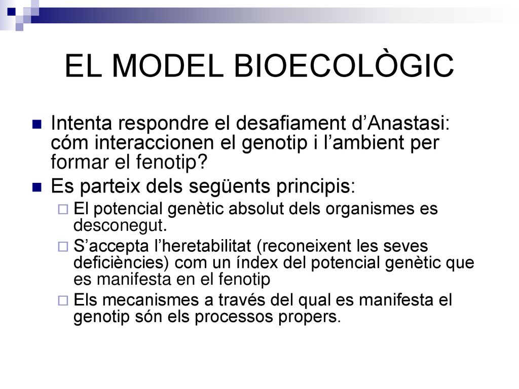 EL MODEL BIOECOLÒGIC Intenta respondre el desafiament d’Anastasi: cóm interaccionen el genotip i l’ambient per formar el fenotip