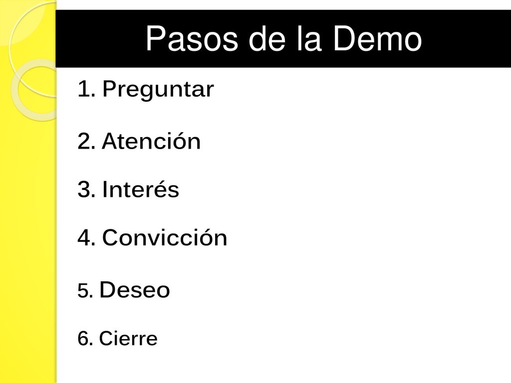 Pasos de la Demo 1. Preguntar 2. Atención 3. Interés 4. Convicción