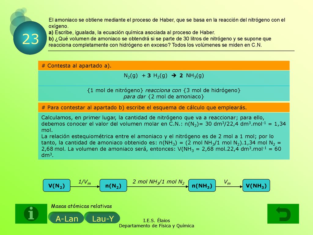 El amoniaco se obtiene mediante el proceso de Haber, que se basa en la reacción del nitrógeno con el oxígeno. a) Escribe, igualada, la ecuación química asociada al proceso de Haber. b) ¿Qué volumen de amoniaco se obtendrá si se parte de 30 litros de nitrógeno y se supone que reacciona completamente con hidrógeno en exceso Todos los volúmenes se miden en C.N.
