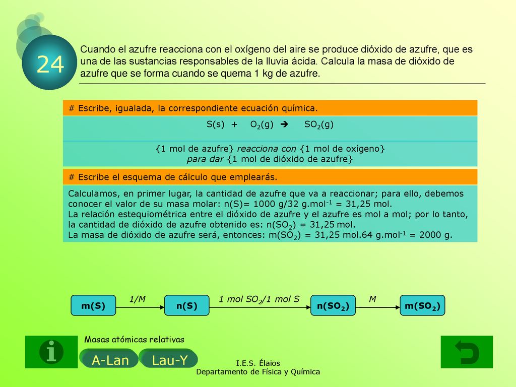 Cuando el azufre reacciona con el oxígeno del aire se produce dióxido de azufre, que es una de las sustancias responsables de la lluvia ácida. Calcula la masa de dióxido de azufre que se forma cuando se quema 1 kg de azufre.