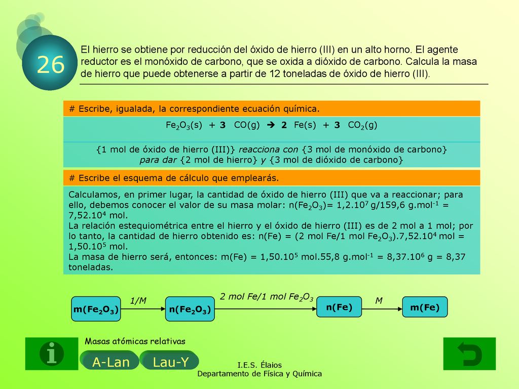 El hierro se obtiene por reducción del óxido de hierro (III) en un alto horno. El agente reductor es el monóxido de carbono, que se oxida a dióxido de carbono. Calcula la masa de hierro que puede obtenerse a partir de 12 toneladas de óxido de hierro (III).