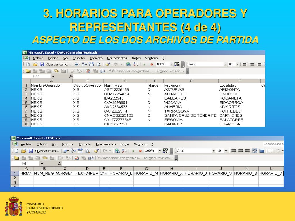 3. HORARIOS PARA OPERADORES Y REPRESENTANTES (4 de 4) ASPECTO DE LOS DOS ARCHIVOS DE PARTIDA