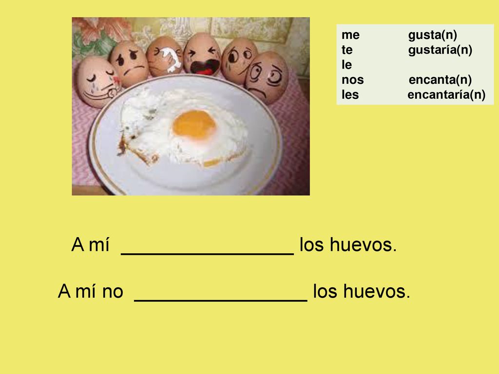 A mí ________________ los huevos. A mí no ________________ los huevos.
