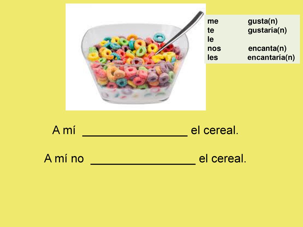 A mí ________________ el cereal. A mí no ________________ el cereal.