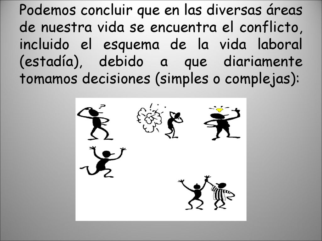 Podemos concluir que en las diversas áreas de nuestra vida se encuentra el conflicto, incluido el esquema de la vida laboral (estadía), debido a que diariamente tomamos decisiones (simples o complejas):