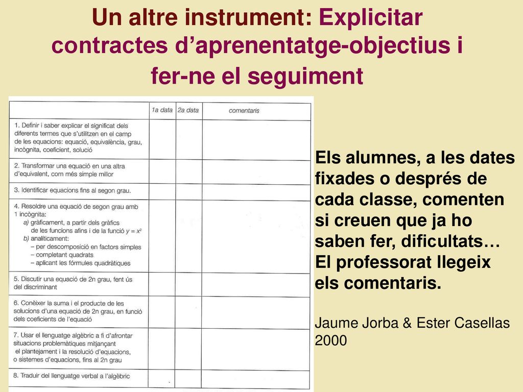 Un altre instrument: Explicitar contractes d’aprenentatge-objectius i fer-ne el seguiment