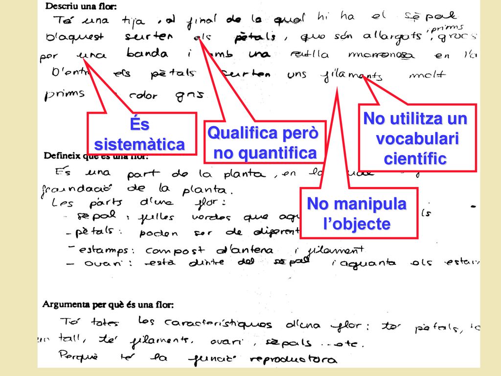No utilitza un vocabulari. científic. És. sistemàtica. Qualifica però. no quantifica. No manipula.