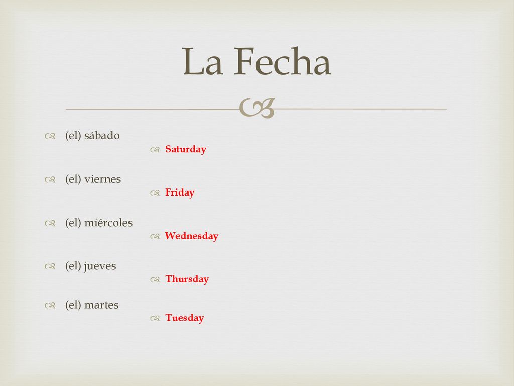 La Fecha (el) sábado (el) viernes (el) miércoles (el) jueves