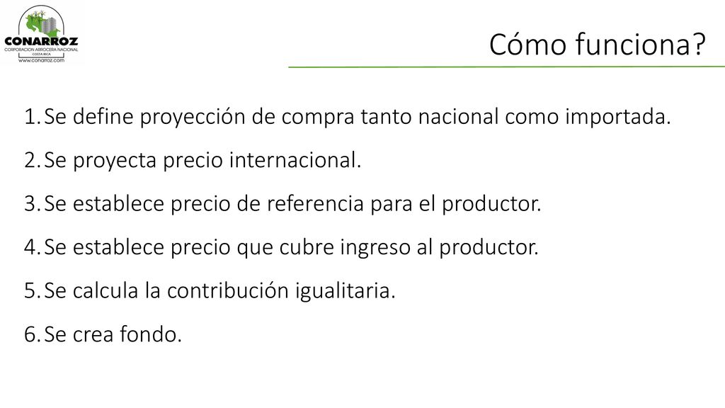 Cómo funciona Se define proyección de compra tanto nacional como importada. Se proyecta precio internacional.