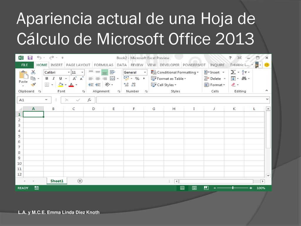 Apariencia actual de una Hoja de Cálculo de Microsoft Office 2013