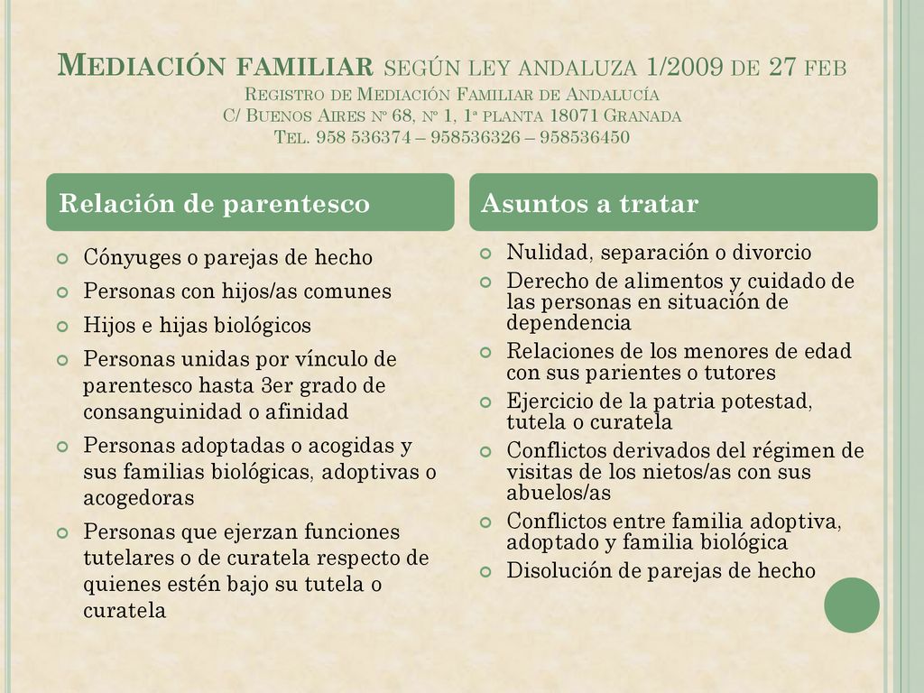Mediación familiar según ley andaluza 1/2009 de 27 feb Registro de Mediación Familiar de Andalucía C/ Buenos Aires nº 68, nº 1, 1ª planta Granada Tel – –