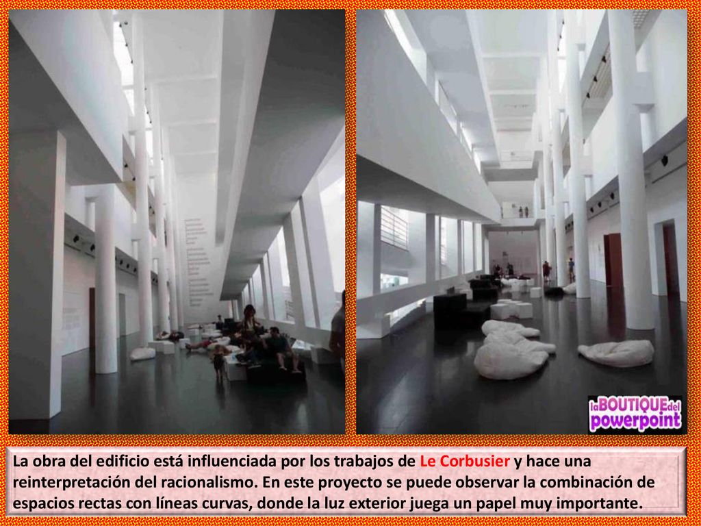 La obra del edificio está influenciada por los trabajos de Le Corbusier y hace una reinterpretación del racionalismo.