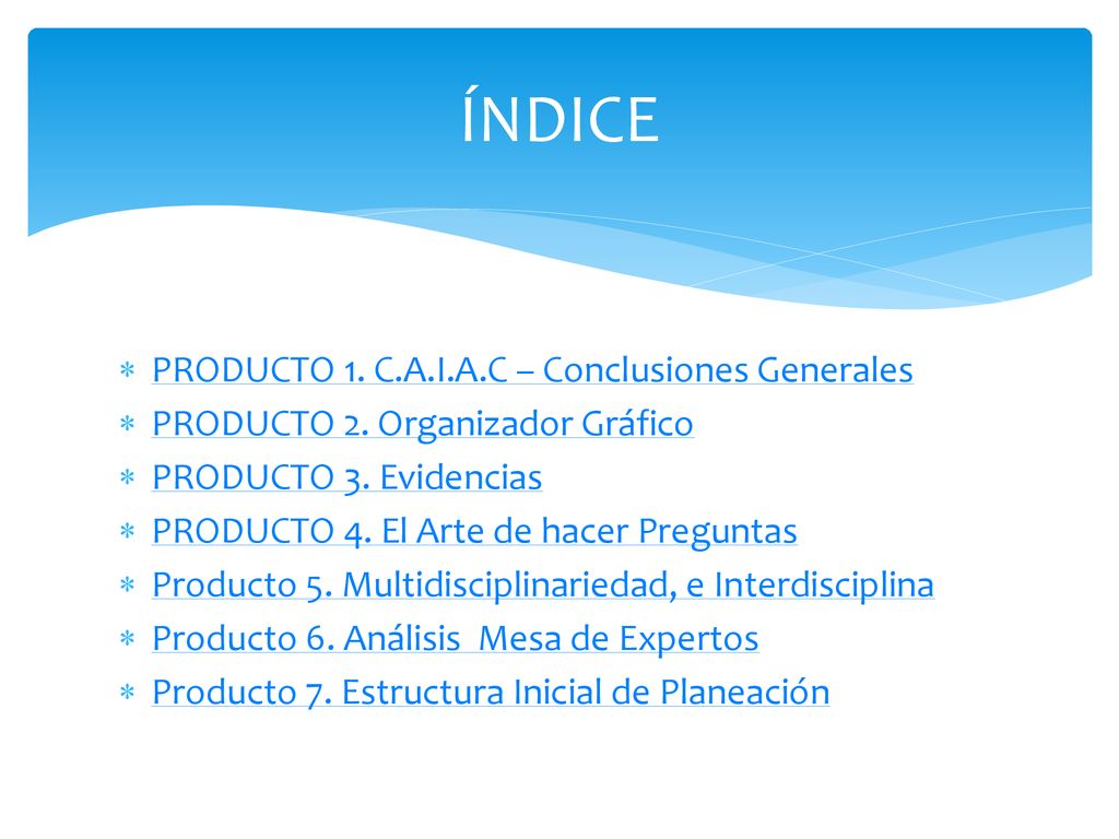ÍNDICE PRODUCTO 1. C.A.I.A.C – Conclusiones Generales
