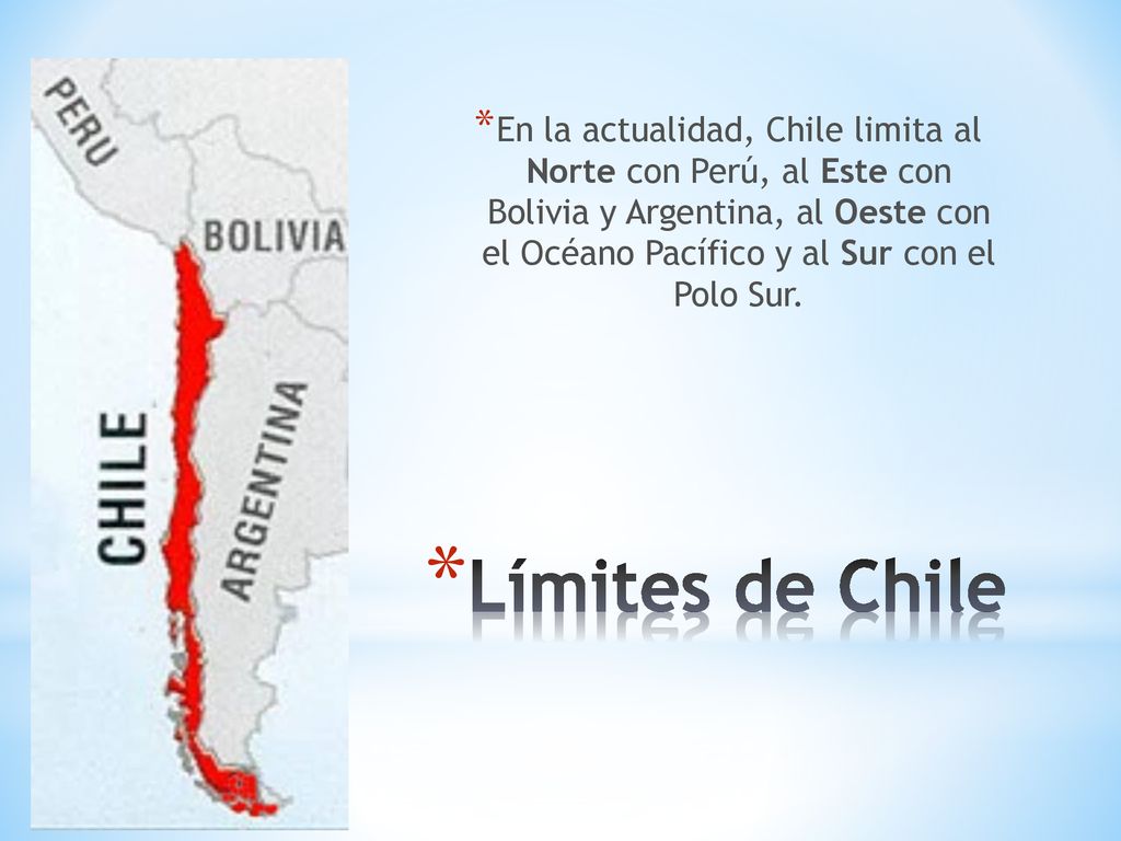 En la actualidad, Chile limita al Norte con Perú, al Este con Bolivia y Argentina, al Oeste con el Océano Pacífico y al Sur con el Polo Sur.