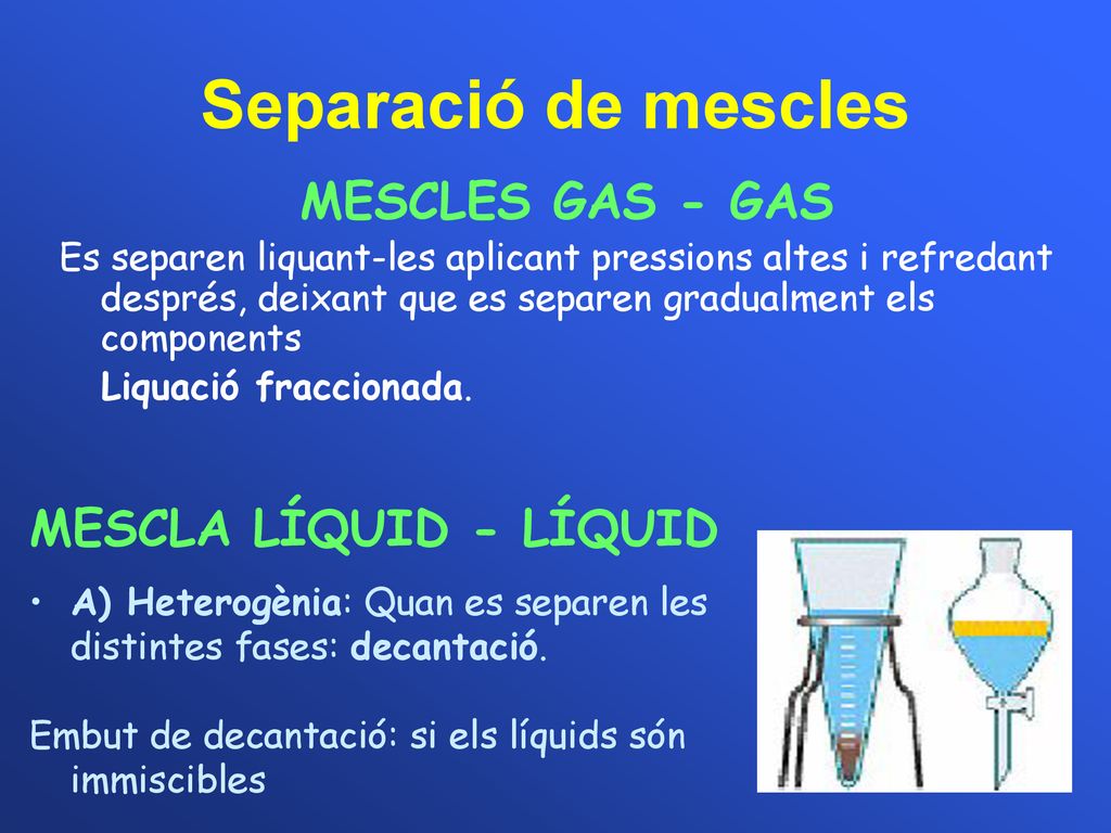 Separació de mescles MESCLES GAS - GAS MESCLA LÍQUID - LÍQUID